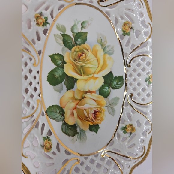 Schumann Bavaria Yellow Rose Serving Decor Dish Porcelain Perforated Edges - Picture 5 of 13
